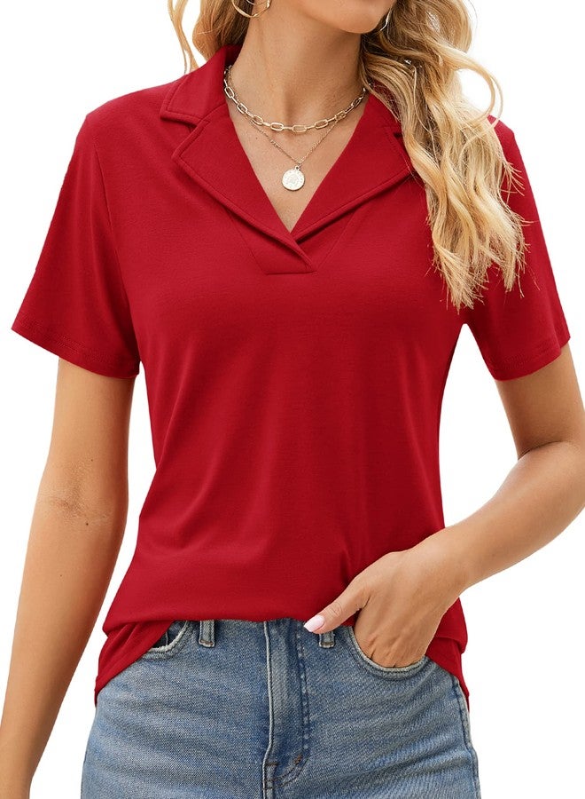 Rapbin Women's Summer Tops Notch Collar Blouses Dressy Casual V Neck Tops Shirts Red M - Image 1